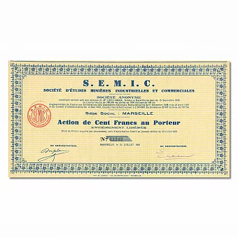 Акция горнодобывающей компании S.E.M.I.C. (Société d’Études Minières Industrielles et Commerciales). Дополнительное изображение