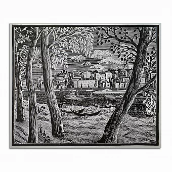 Оригинальная линогравюра "На берегу". Дополнительное изображение