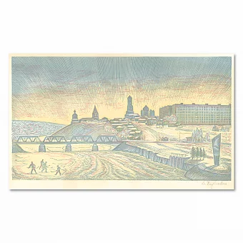 "Сызрань. Железнодорожный мост" - оригинальная линогравюра. Дополнительное изображение