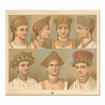 Антикварная хромолитография "Русские женские головные уборы". Дополнительное изображение