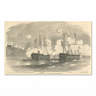 "Агамемнон" и "Санспарель" атакуют Севастополь - старинная гравюра из London News - 1854. Дополнительное изображение
