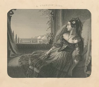 "Испанская девушка" - антикварная гравюра - оригинал. Дополнительное изображение