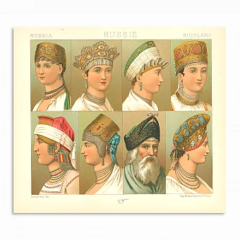 Антикварная хромолитография "Головные уборы XVI-XVII веков". Дополнительное изображение