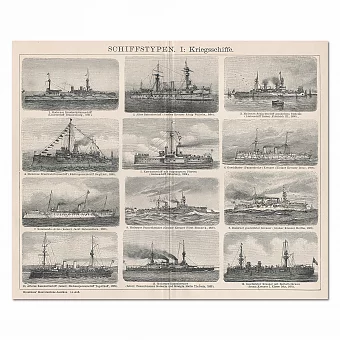 "Военные корабли" - редкая антикварная гравюра. Дополнительное изображение