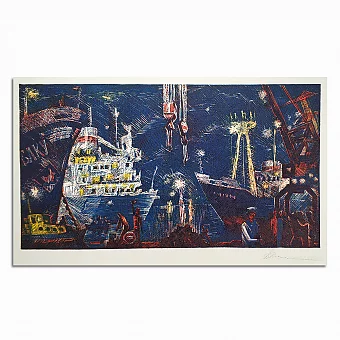 Оригинальная линогравюра "Ночной порт". Дополнительное изображение