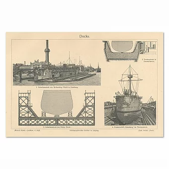 "Доки" - антикварная немецкая гравюра. Дополнительное изображение