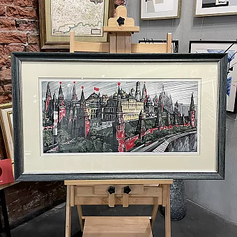 Оригинальная линогравюра "Московский Кремль"