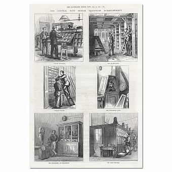 Старинная гравюра "Телеграфное учреждение" - оригинал. Дополнительное изображение