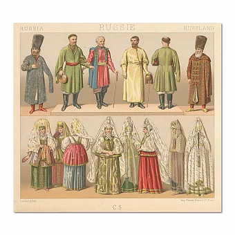 Антикварная хромолитография "Костюмы Российской империи" - вип подарок. Дополнительное изображение