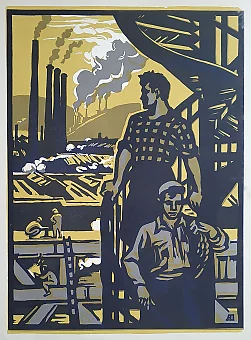 Оригинальная линогравюра "Монтажники". Дополнительное изображение