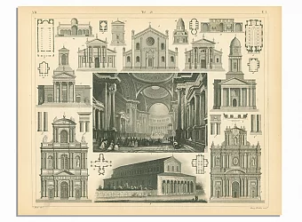 Антикварная гравюра "Церковь Мадлен в Париже. Франция". Дополнительное изображение