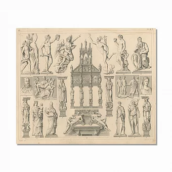 Антикварная гравюра "Скульптуры эпохи Возрождения". Дополнительное изображение