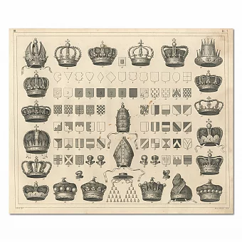 "Европейские короны, регалии, геральдика" - антикварная гравюра. Дополнительное изображение