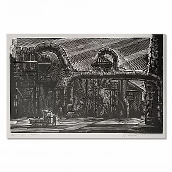 "Литейный цех" - советская авторская линогравюра. Дополнительное изображение