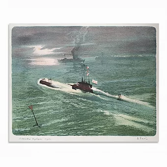 Оригинальная литография "Всплытие подводной лодки". Дополнительное изображение