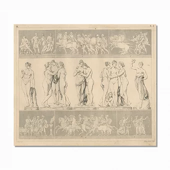 Антикварная гравюра "Три Грации и другие скульптуры и барельефы Антонио Канова". Дополнительное изображение