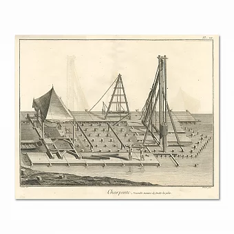 "Забивка свай" - редкая антикварная гравюра. Дополнительное изображение