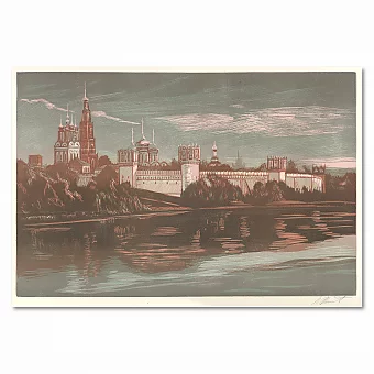 "Новодевичий монастырь" - оригинальная линогравюра. Дополнительное изображение