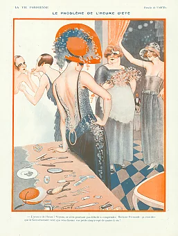 Антикварная страница La Vie Parisienne, "Проблема перехода на летнее время". Дополнительное изображение