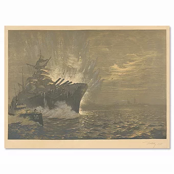 "Морской бой" - оригинальная линогравюра. Дополнительное изображение