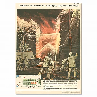 "Тушение пожаров на складах лесоматериалов" - редкий винтажный плакат. Дополнительное изображение