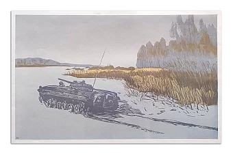 Оригинальная линогравюра "На задании". Дополнительное изображение